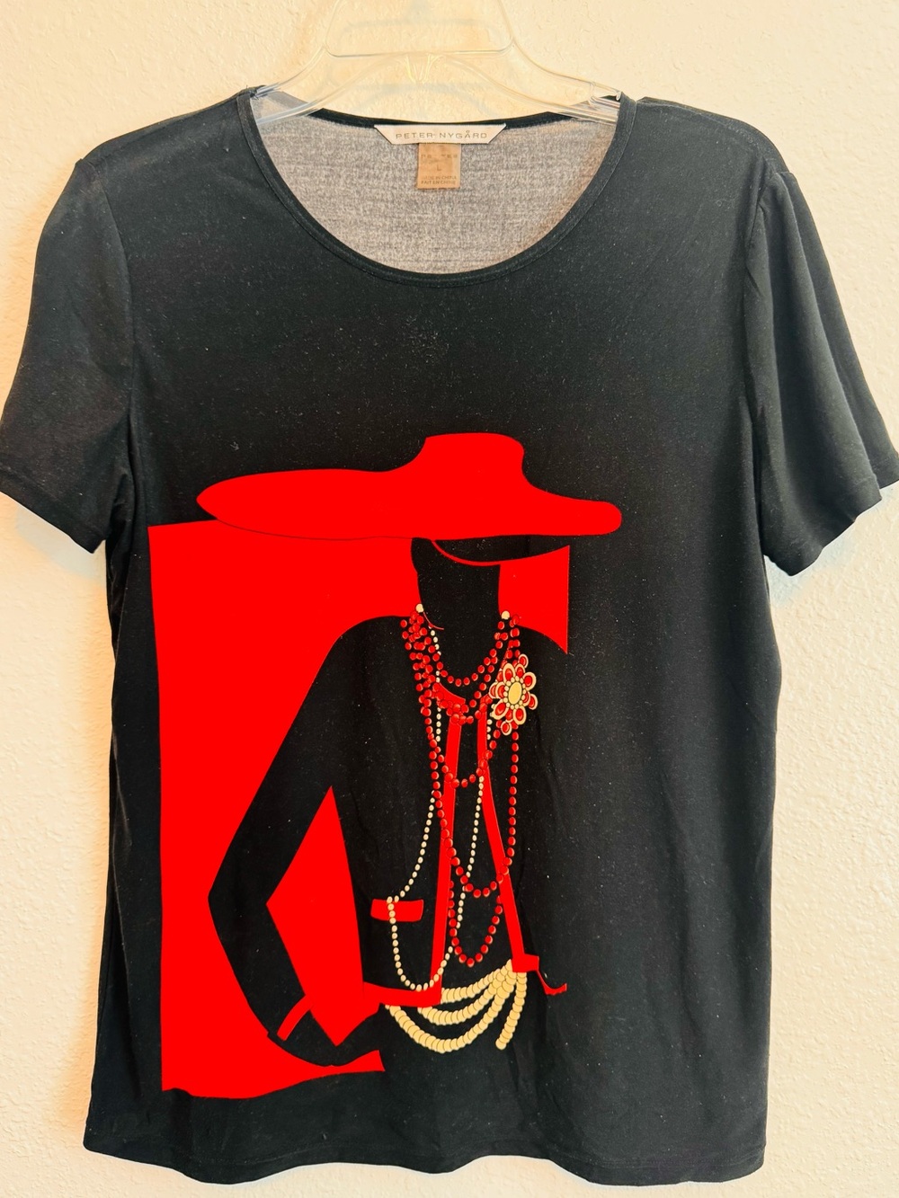 Black Red Faceless Red Hat Lady Double Side Print Top Peter Nygard L Petite
